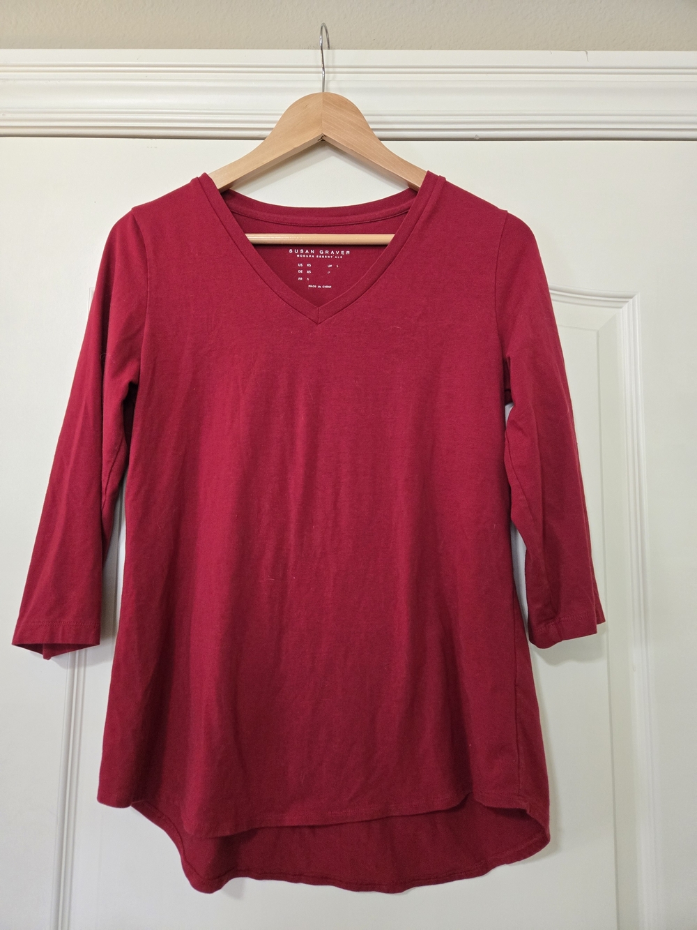 Susan Graver Deep Red V-Neck 3/4 Sleeve Tee Cozy Layers